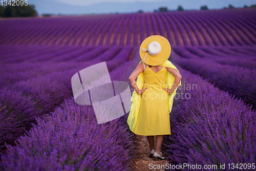 Image of asian woman in yellow dress and hat at lavender field