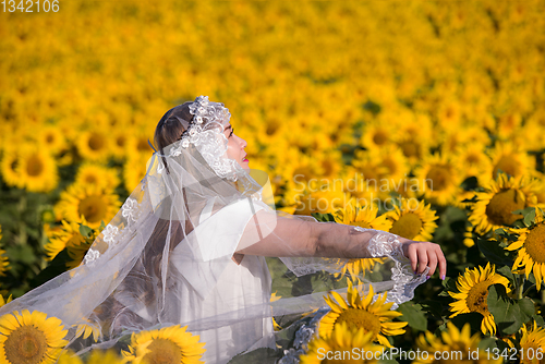 Image of asian woman at sunflower field