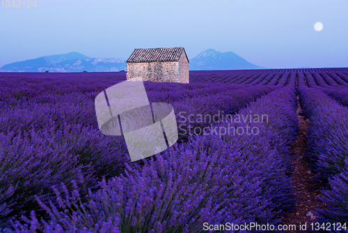 Image of the moon above stone house at lavender field