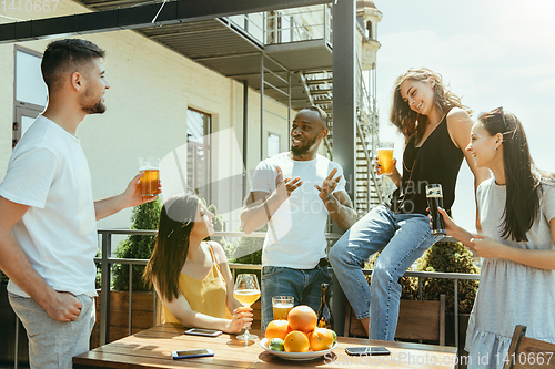 Image of Young group of friends drinking beer and celebrating together