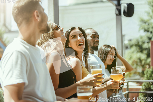 Image of Young group of friends drinking beer and celebrating together