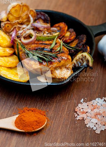 Image of roasted grilled BBQ chicken breast with herbs and spices 