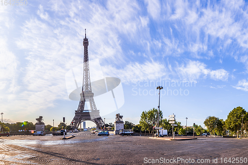 Image of The Eiffel Tower seen from Pont d\'Iena in Paris, France.