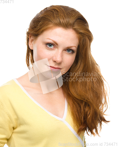 Image of Portrait of a young cheerful woman