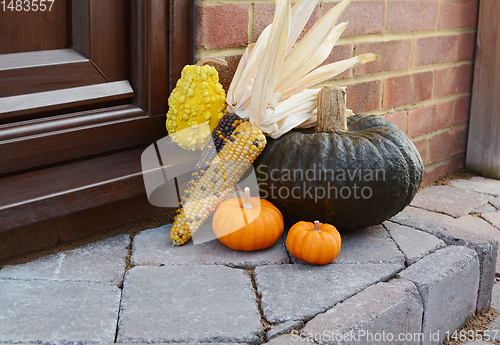 Image of Green pumpkin with Indian corn and ornamental gourds on doorstep