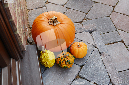 Image of Pumpkin surrounded by ornamental gourds on a doorstep 