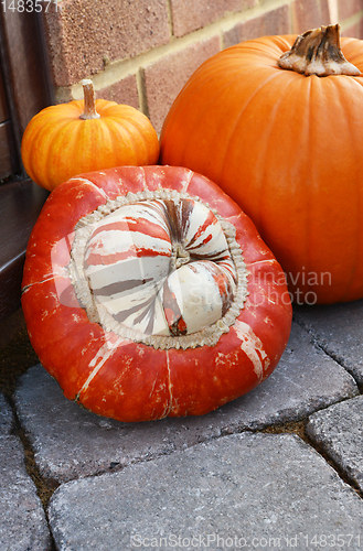 Image of Striped Turks Turban gourd and pumpkins on a doorstep 