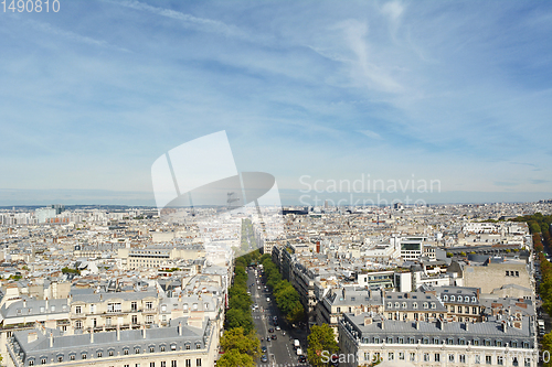 Image of Paris cityscape from the top of the Arc de Triomphe, looking nor