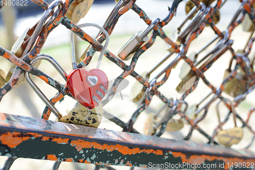 Image of Red heart-shaped combination padlock fastened to metal fence 