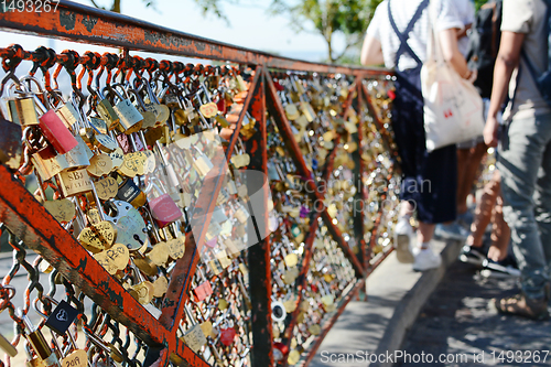 Image of Numerous padlocks and combination locks fixed to a fence in Pari