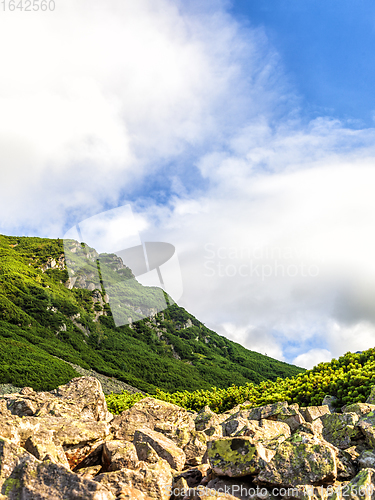 Image of Polish Tatra mountains summer landscape with blue sky and white clouds.