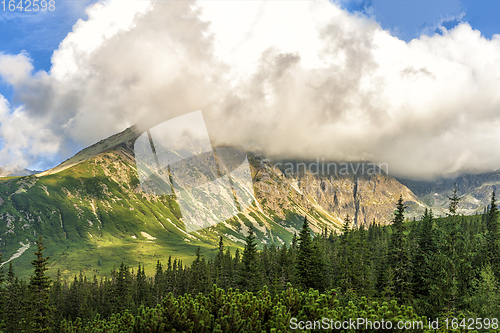 Image of Polish Tatra mountains summer landscape with blue sky and white clouds.