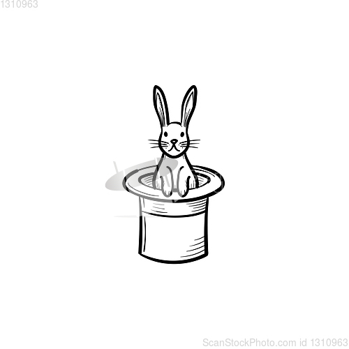 Image of Rabbit in a magician hat hand drawn sketch icon.