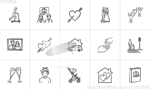 Image of Wedding and family hand drawn sketch icon set.