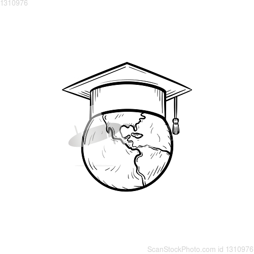 Image of Globe in graduation cap hand drawn sketch icon.