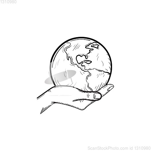Image of Hand holding the globe hand drawn sketch icon.
