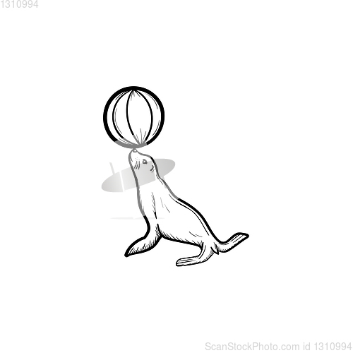 Image of Seal playing with ball hand drawn sketch icon.