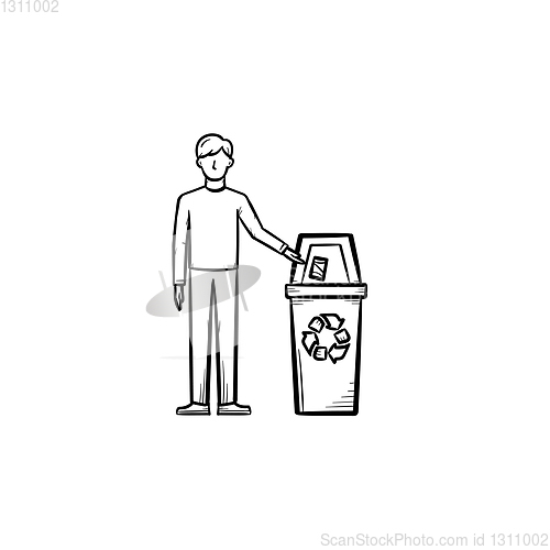 Image of Man throwing garbage in a trash bin hand drawn icon.