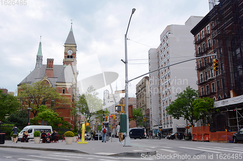 Image of Corner of Sixth Ave and Greenwich Ave with Jefferson Market Libr