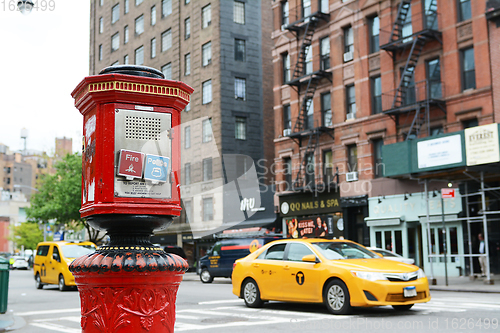 Image of Detail of fire alarm pull box in New York City