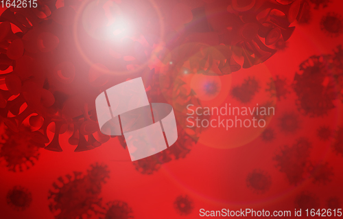 Image of Red COVID-19 virus background with lens flare