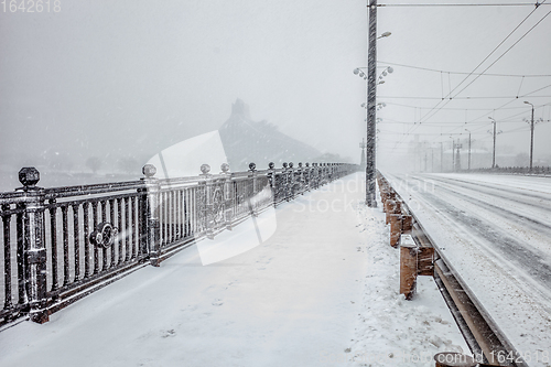 Image of Snow covered bridge during heavy snow storm