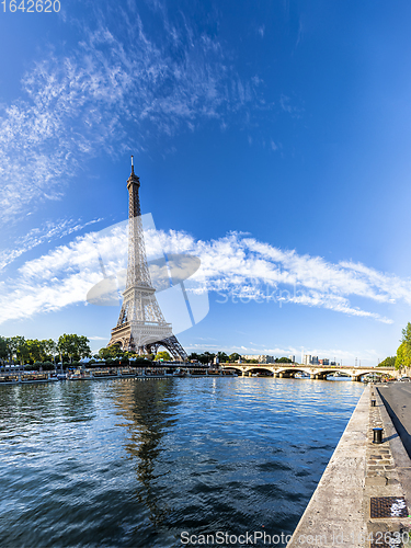 Image of Panorama of the Eiffel Tower and riverside of the Seine in Paris