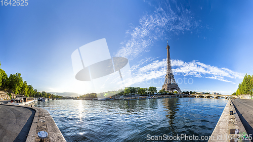 Image of Panorama of the Eiffel Tower and riverside of the Seine in Paris