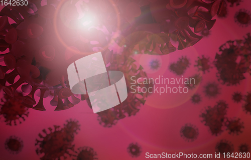 Image of Red COVID-19 virus background with lens flare