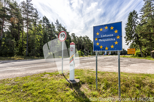 Image of Lithuania country border sign between Latvia and Lithuania
