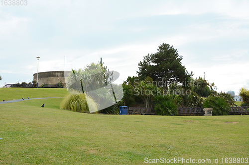 Image of Grass slope with seating in front of historic Redoubt fortress i