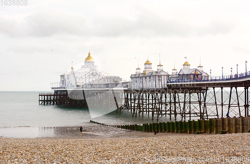 Image of Pleasure pier with gold-topped towers, built out into the sea in