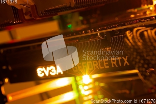 Image of BUDAPEST, HUNGARY - CIRCA 2021: EVGA gForce RTX 3080 graphics card, which features Ampere architecture and raytracing technology