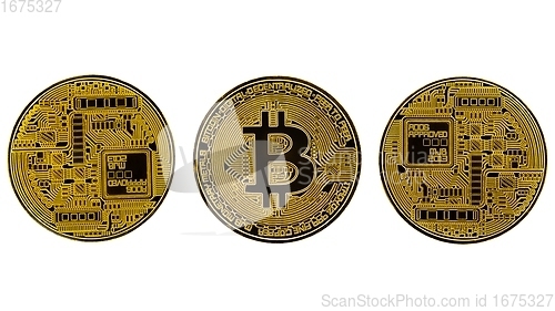 Image of Physical bitcoins against isolated white background macro photo