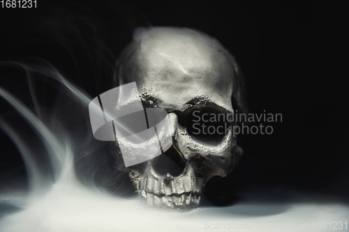 Image of Spooky dark black skull aginast dark background