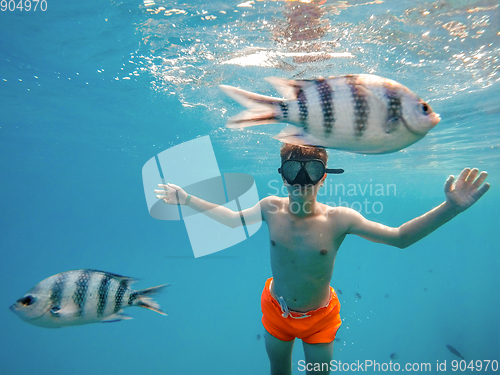 Image of Young boy Snorkel swim in shallow water with coral fish