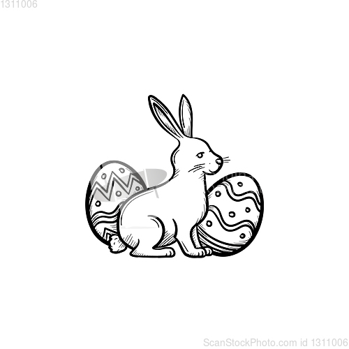 Image of Easter bunny and eggs head hand drawn outline doodle icon.