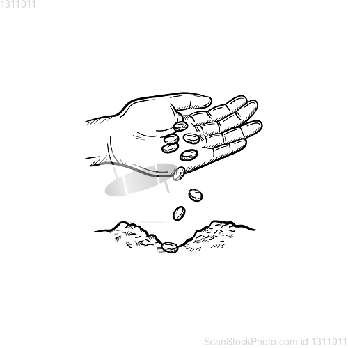 Image of Hand planting seeds hand drawn sketch icon.
