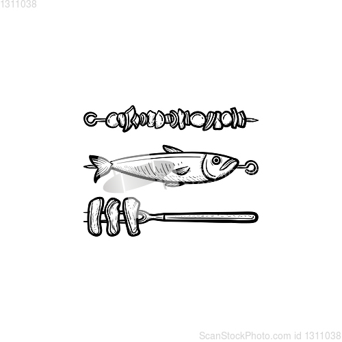 Image of Skewer with shish kebab and fish hand drawn icon.