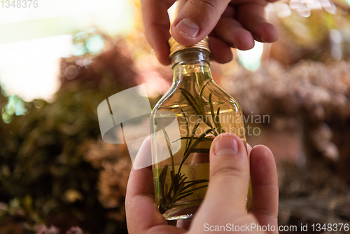 Image of potion bottle in hand of herbalist