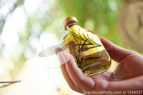 Image of potion bottle in hand of herbalist