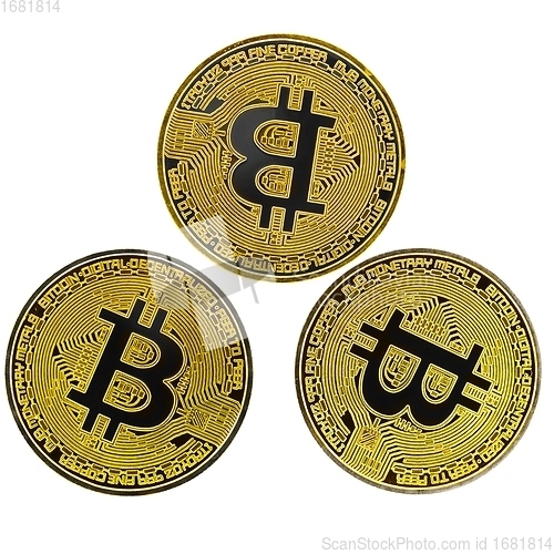 Image of Physical bitcoins against isolated white background macro photo