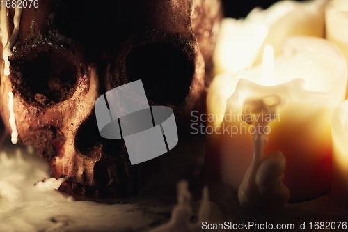 Image of Human skull against dark background in candle light closeup