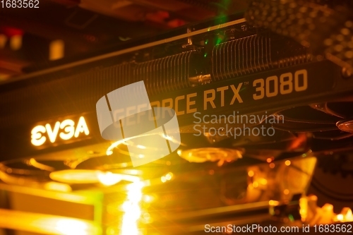 Image of BUDAPEST, HUNGARY - CIRCA 2021: EVGA gForce RTX 3080 graphics card, which features Ampere architecture and raytracing technology