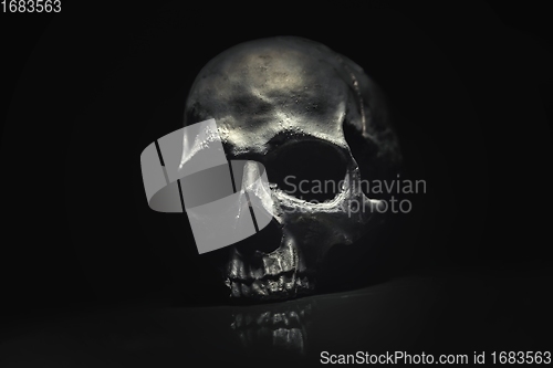 Image of Spooky dark black skull aginast dark background