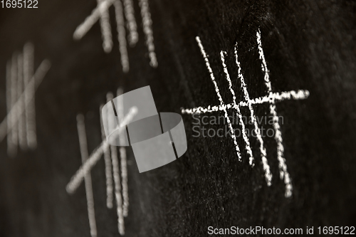 Image of Counting with lines on dark black chalk board