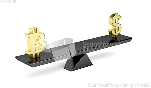 Image of Bitcoin and US dollar on seesaw