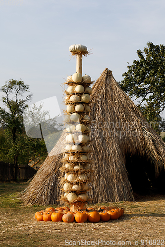 Image of Ripe autumn pumpkins arranged on totem in farm