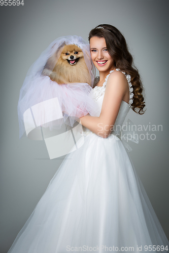 Image of beautiful bride girl with spitz bride on gray background