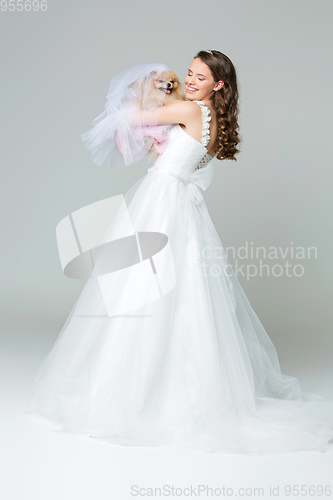 Image of beautiful bride girl with spitz bride on gray background